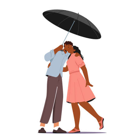 Couple in Love Concept. Loving Man and Woman Dating. Happy Pair Hugging, Holding Hands, Kissing Walking under Umbrellaのイラスト素材
