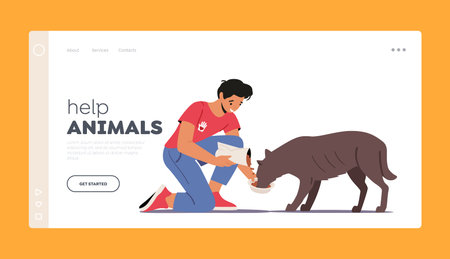 Animal Volunteering Landing Page Template. Volunteer Character Feed Dog in Shelter or Pound. Young...