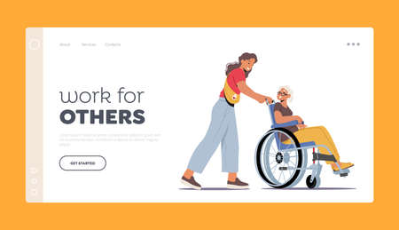 Volunteering Healthcare, Medical Aid Landing Page Template. Volunteer Character Help Old People in Nursing Homeのイラスト素材