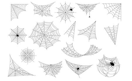 Set Spider Web, Cobweb Collection, Isolated on White Background. Halloween Spiderwebs with Spiders, Icons for Halloweenのイラスト素材