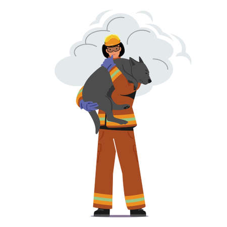 Fireman Saving Dog from Fire. Strong Firefighter in Protective Costume and Helmet Holding Animal on Handsのイラスト素材