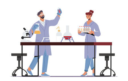 Chemists Invent Medicine or Vaccine. Scientists Conducting Research or Experiment in Laboratory. Chemistry Scienceのイラスト素材