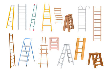 Set of Step Ladders, Metal, Wooden and Suspended and Rope Stairways for Renovation Works Isolated on White Backgroundのイラスト素材