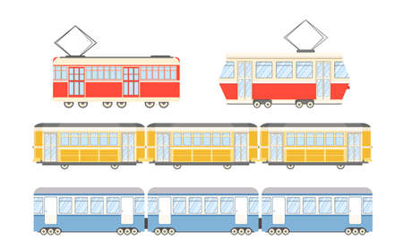 Red, Yellow and Blue Trams, City Trolley, Modern Public Transport. Passengers Transportation Service. Urban Trolleybusのイラスト素材