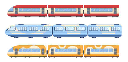 Train, Tram and Subway Wagons Side View, Metro Locomotive on Rails, Isolated Modern Commuter City Transport, Railwayのイラスト素材