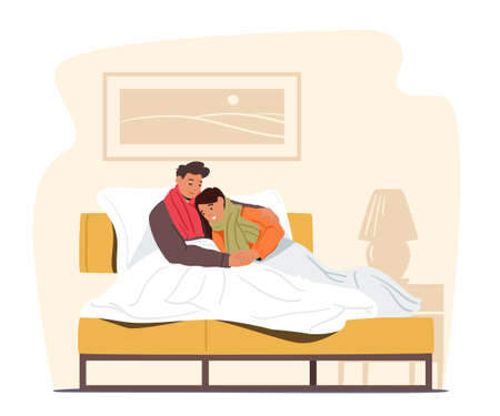 Young Couple Freezing Male and Female Character Wrapped in Warm Plaid and Winter Clothes Sitting on Sofa Trying to Warmのイラスト素材
