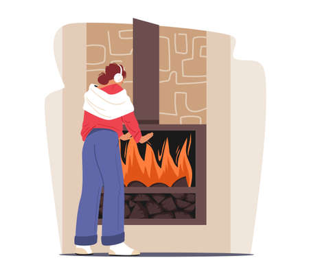 Cold Low Degrees Temperature at Home Concept. Freezing Female Character Wrapped in Warm Clothes Warm Hands at Fireplaceのイラスト素材