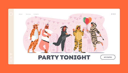 Kigurumi Pajama Party Landing Page Template. Young People in Animal Costumes Unicorn, Donkey, Zebra, Giraffe and Tigerのイラスト素材