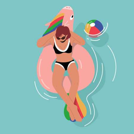 Female Character in Swimwear Enjoying Summertime Vacation Floating on Inflatable Mattress in Shape of Unicorn in Oceanのイラスト素材