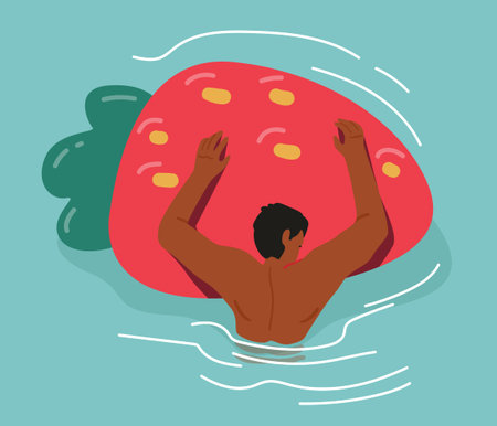 Male Character Floating in Swimming Pool Holding Strawberry Inflatable Air Mattress. Male Character...