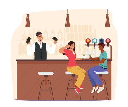 People Visiting Night Club or Beer Pub Concept. Male and Female Characters Sit at High Chairs Drinking Alcohol Cocktailsのイラスト素材