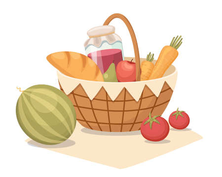 Round Picnic Basket with Handle and Meals on Blanket. Hamper with Watermelon, Veggies, Jam Jar and Bread for Recreationのイラスト素材