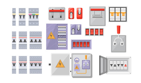 Set Electric Breaker Switchbox Electricity or Energy Equipment Red Buttons, Contact-breaker Isolated...