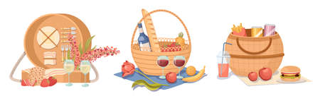 Set Picnic Baskets with Food and Drinks, Hampers with Meals and Crockery for Outdoor Summer Recreation, Wicker Boxesのイラスト素材