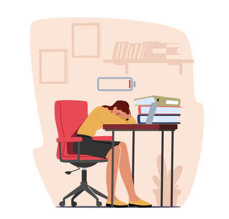 Professional Burnout, Overwork Tiredness Fatigue and Depression Concept. Tired Overload Businesswoman with Low Energyのイラスト素材