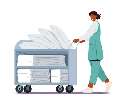 Laundrette Company or Hotel Service. Female Character Employee of Professional Maid Working Process Push Trolleyのイラスト素材