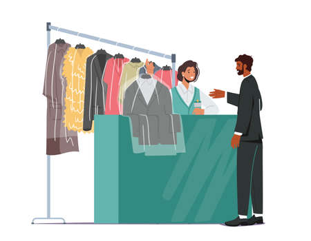 Dry Laundry Cleaning Service. Female Character Professional Worker Give to Client Clean Clothes on Reception with Hangerのイラスト素材