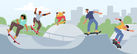 Young People Skating Longboard in City Park. Teenagers Skaters Boys and Girls Freedom Lifestyle. Urban Culture, Sportのイラスト素材