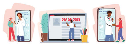 Set Distant Online Medicine Consultation. Smart Medical Technologies. Doctors Communicate with Patients through Computerのイラスト素材