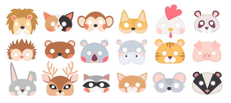 Set Animal Masks, Masquerade Decor for Costume Party. Headbands Isolated on White Background. Face Masking for Holidaysのイラスト素材