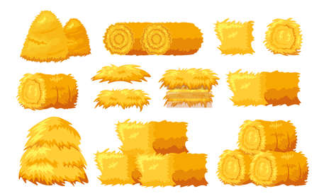 Set Icons Bale of Hay Different Shapes and Sizes Isolated on White Background. Dried Rolled and Block Haystack, Haymowのイラスト素材