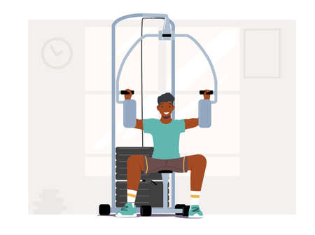 African Man Bodybuilder Pumping Muscles in Gym. Sportsman Work on Training Apparatus for Strong Arms. Sport Exercisesのイラスト素材