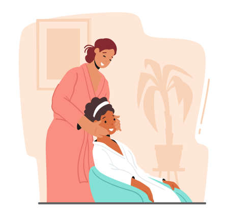 Beauty, Skincare, Wellness Treatment. Female Character Apply Facial Procedure at Home. Girlfriend Processing Woman Faceのイラスト素材