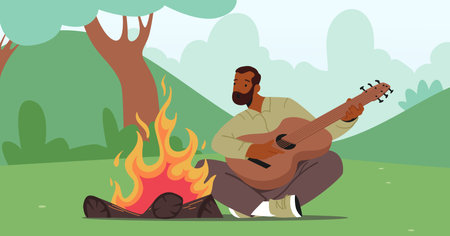 Mature Man Sitting at Campfire Singing Songs and Playing Guitar. Active Tourist Male Character Sparetime in Summer Campのイラスト素材