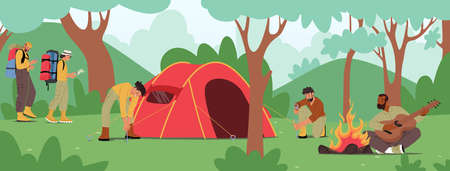 Young People Spend Time at Summer Camp in Forest. Active Tourists Characters Set Up Tent, Playing Guitar at Campfireのイラスト素材