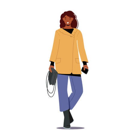 Stylish Girl Wearing Trendy Autumn Outfit Short Coat, Jeans and Bag. Fall Fashion Trends for Women, Fashionable Clothesのイラスト素材