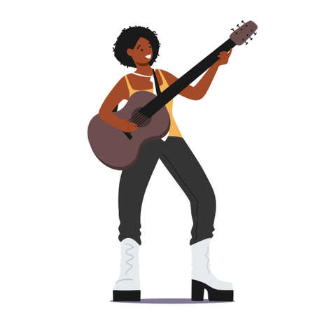 African Female Character Playing Acoustic Guitar Performing Rock or Country Melody. Musician Singing and Playingのイラスト素材