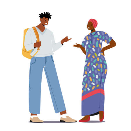 Multiethnic People African Man in Modern Clothes and Woman in Traditional Dress and Turban Talking. Chatting Coupleのイラスト素材
