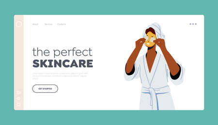 Perfect Skincare Landing Page Template. Woman with Facial Mask and Cucumber Slices of Face. Female Character Skin Careのイラスト素材