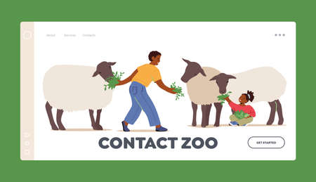 Contact Zoo Landing Page Template. Kids Feeding Sheep at Outdoor Farm. Children Characters Spend Time in Animal Parkのイラスト素材