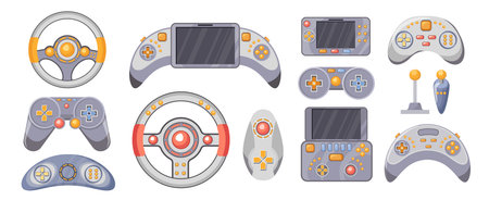 Set of Videogame Joysticks. Consoles, Gamepads for Playing Video Games, Wireless Gaming Gadgets,...