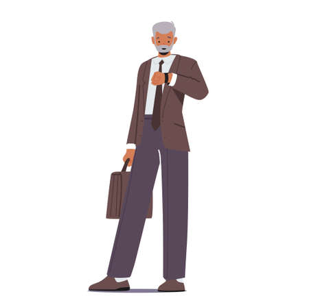 Businessman Look on Wrist Watch Waiting Meeting or Appointment. Senior Grey Haired Male Character Wear Formal Suitのイラスト素材
