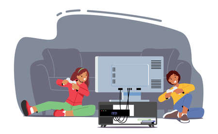 Little Boy and Girl Playing Video Games. Happy Children Character Sitting front of Tv Set with Joystick in Hands, Gamingのイラスト素材