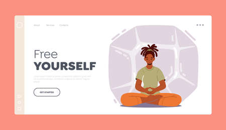 Free Yourself Landing Page Template. Woman Practice Yoga Meditation in Lotus Pose for Less Stress and Reaching Nirvanaのイラスト素材