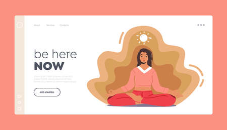 Mental Relaxation, Emotional Balance Landing Page Template. Woman Meditating Sit in Lotus Posture. Yoga Meditation, Zenのイラスト素材