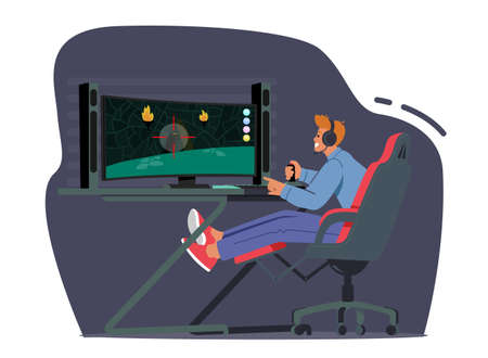 Gamer Teenager Character Playing Computer Games with Professional Desktop and Equipment. Teen in Headset and Joystickのイラスト素材