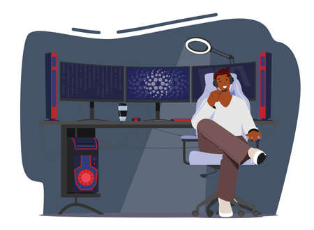 African Teenager Wear Headset Sitting at Multiple Professional Desktops and Equipment. Gamer Playing Computer Gamesのイラスト素材