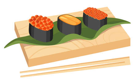 Japanese Cuisine Sushi Set Gunkanmaki Ikura with Salmon Roe, Tobiko with Flying Fish Roe or Uni with Sea Urchin on Boardのイラスト素材