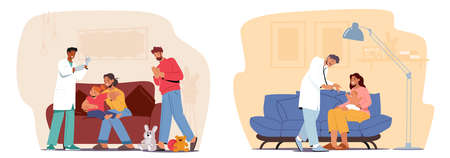 Family Doctor Pediatrician or Neonatologist Visit Baby for Checkup or Vaccination. Medic Character Examine Sick Childrenのイラスト素材