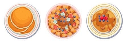 Set of Pancakes on Plate Top View, Big and Small Stacks of Tasty Bakery with Honey, Maple or Chocolate Syrup, Strawberryのイラスト素材