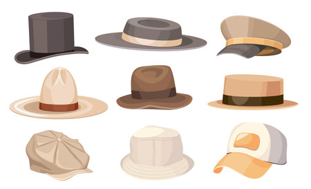 Set of Classic and Modern Male Headwear Top Hat Cylinder, The Poor Boy, Boater and Panama and...