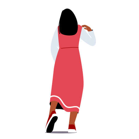 Woman in Long Red Dress Back View. Female Character Rear Position Isolated on White Background, Young Girlのイラスト素材