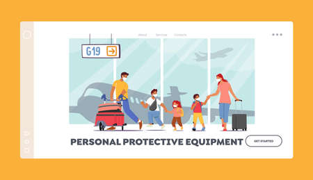 Personal Protective Equipment Landing Page Template. Family in Masks Travel with Children. Parents and Kids in Airportのイラスト素材