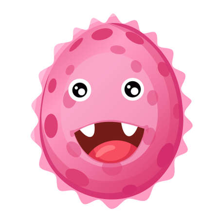Cartoon Virus Cell Isolated Icon, Cute Pink Bacteria, Happy Laughing Germ Cartoon Character with Funny Face and Pimplesのイラスト素材