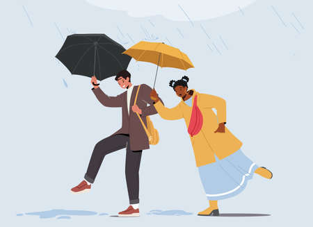 Cheerful Couple Man and Woman Walking in Rainy Autumn under Umbrellas. People Jumping over Puddles, Characters at Rainのイラスト素材