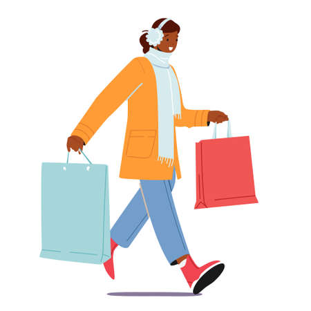 Happy African Female Character Receive Present. Woman with Big Wrapped Gift Box. Festive Event and Winter Holidays Celebration, Xmas Surpriseのイラスト素材